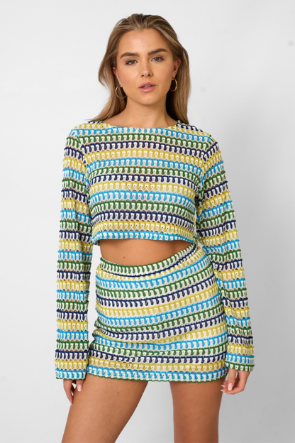 Striped Pattern Lace Long Sleeve Crop Top Bodycon Mini Skirt Matching Set-Blue-Hayhty.All Rights Reserved.
