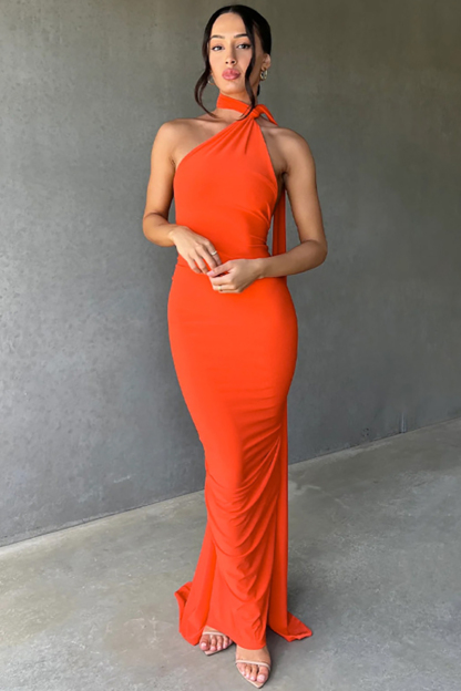 One Shoulder Sleeveless Sash Ring Decor Ruched Backless Elegant Evening Gown White Maxi Dresses-Hayhty.All Rights Reserved.