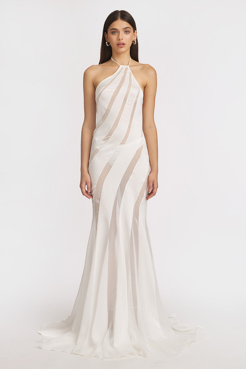 Halter Satin Sheer Chiffon Patchwork Mermaid Maxi Dresses-White-Hayhty.All Rights Reserved.