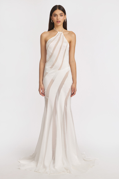 Halter Satin Sheer Chiffon Patchwork Mermaid Maxi Dresses-White-Hayhty.All Rights Reserved.