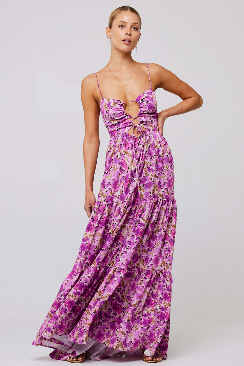 Floral Print Front Tie Up Spaghetti Strap Flowy Maxi Dresses-Orange-Hayhty.All Rights Reserved.