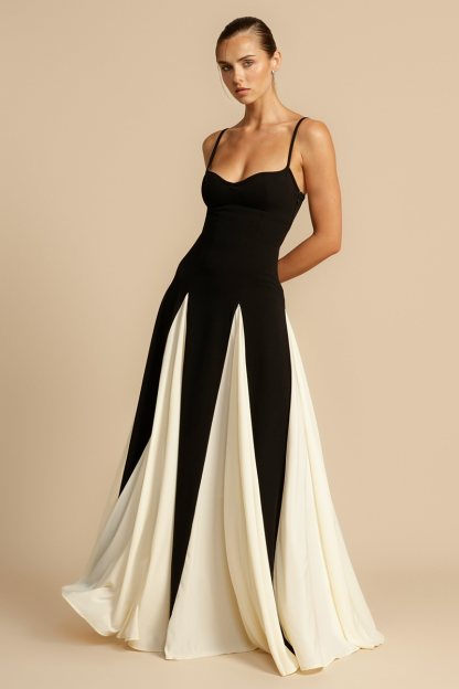 Colorblock Patchwork A-Line Flowy Slip Maxi Dresses-Black-Hayhty.All Rights Reserved.