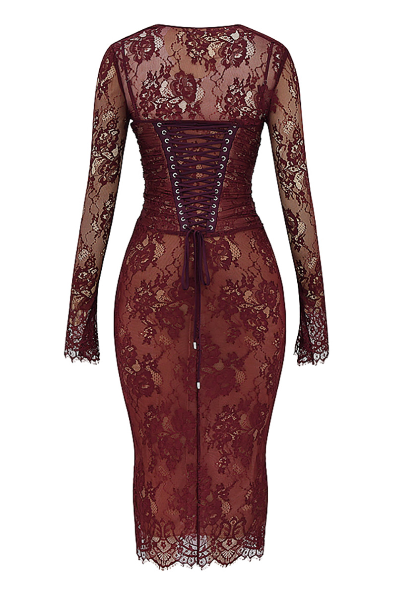 Floral Lace Shrug Ruched Slip Midi Dresses Matching Set-Burgundy-Hayhty.All Rights Reserved.