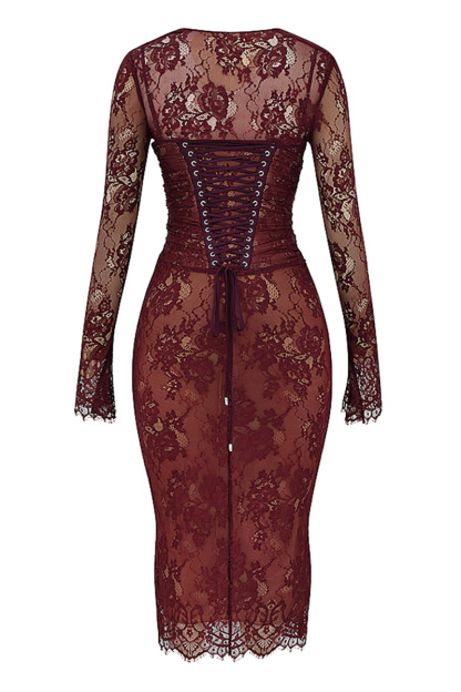 Floral Lace Shrug Ruched Slip Midi Dresses Matching Set-Burgundy-Hayhty.All Rights Reserved.