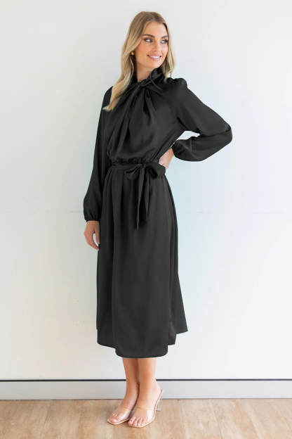 Ruched Knotted Long Sleeve Satin Midi Dresses-Hayhty.All Rights Reserved.