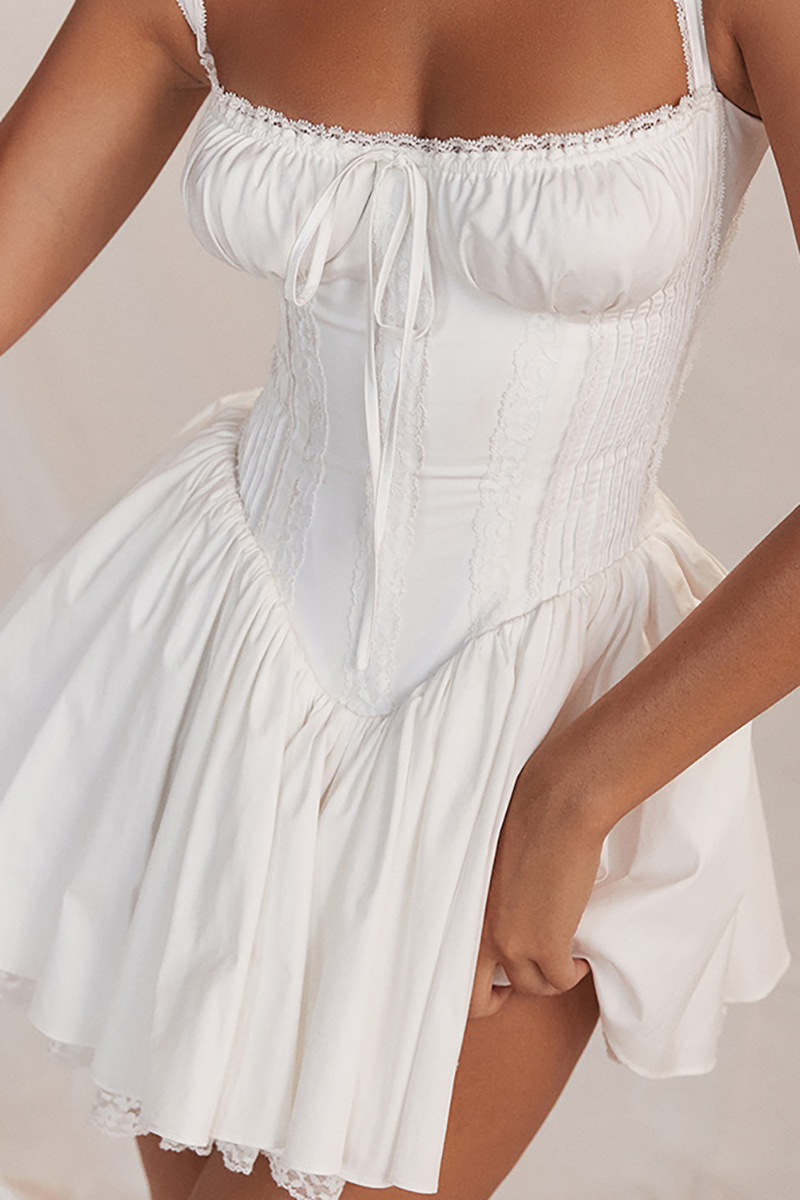 A-line White Boat Neck Tied Up Cami Backless Lace Up Pleated Embroidery Hem Mini Dresses-Hayhty.All Rights Reserved.