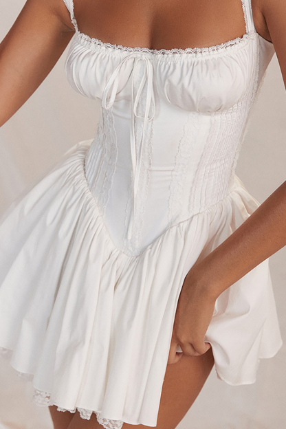 A-line White Boat Neck Tied Up Cami Backless Lace Up Pleated Embroidery Hem Mini Dresses-Hayhty.All Rights Reserved.