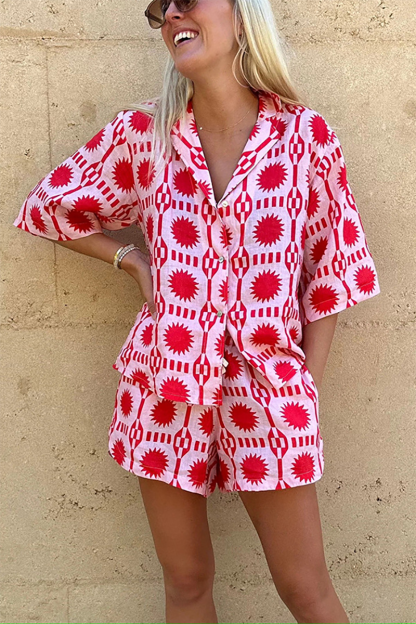 Graphic Print Half Sleeve Blouse Vacation Shorts Matching Set-Pink-Hayhty.All Rights Reserved.