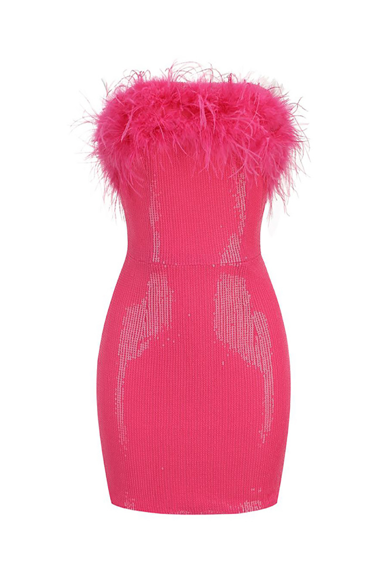 Sequin Strapless Feather Trim Bodycon Mini Party Dresses-Hayhty.All Rights Reserved.