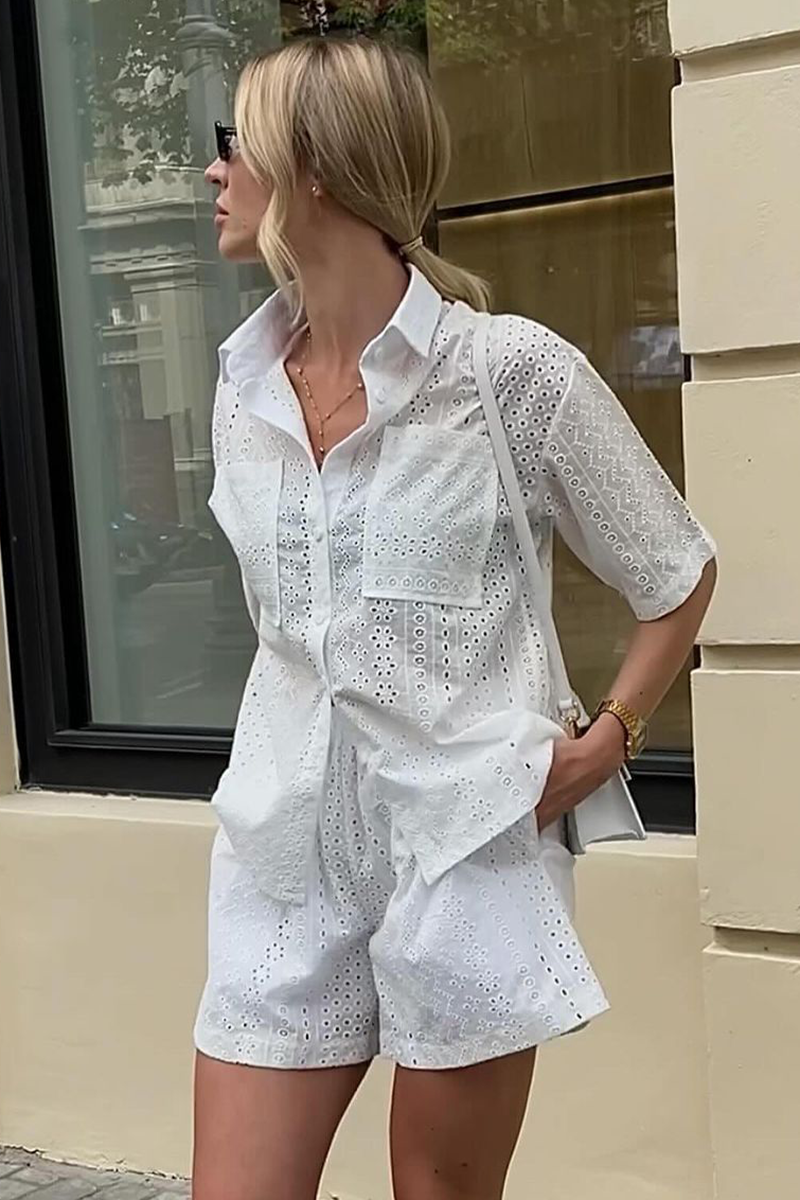 Hollow Out Lace Half Sleeve Pocket Blouse Casual Shorts Matching Set-White-Hayhty.All Rights Reserved.