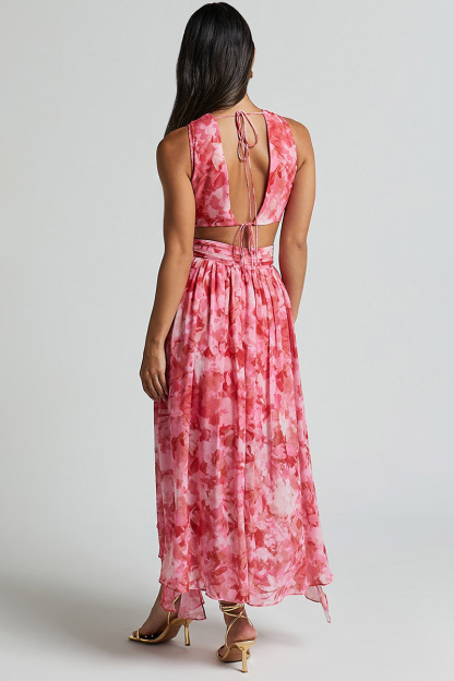 V Neck Ruched Cutout Ruffled Floral Print Slit Midi Dresses-Pink-Hayhty.All Rights Reserved.