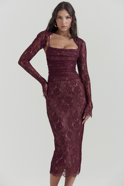 Floral Lace Shrug Ruched Slip Midi Dresses Matching Set-Burgundy-Hayhty.All Rights Reserved.