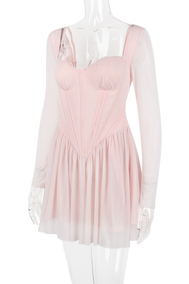 Mesh Long Sleeve Corset A-Line Pleated Ballet Style Mini Dresses-Hayhty.All Rights Reserved.