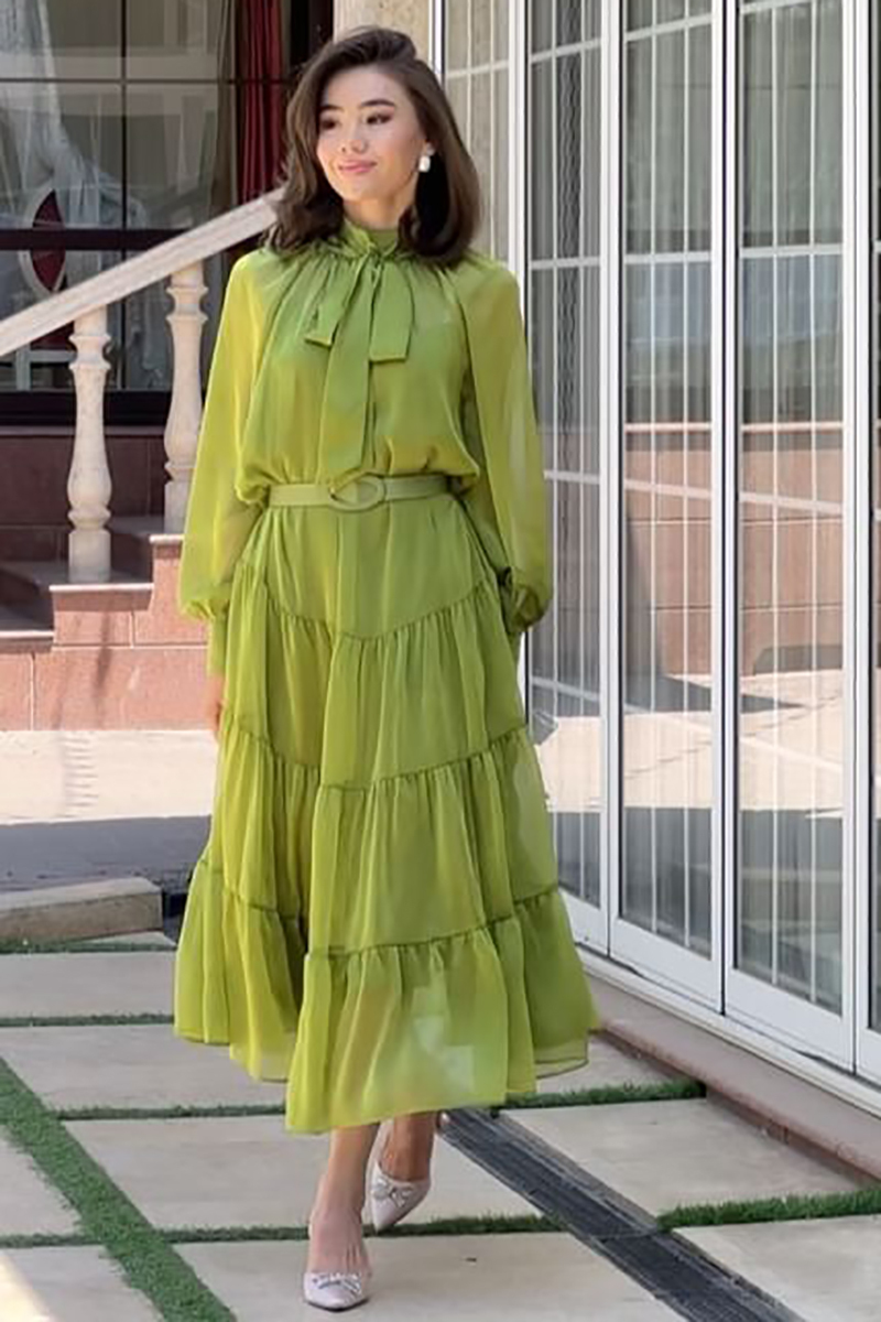 Long Bell Sleeve Mesh Knotted High Neckline Tiered Maxi Dresses-Hayhty.All Rights Reserved.