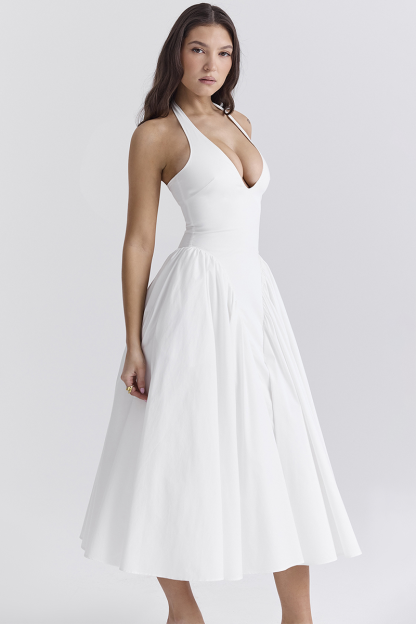 Deep V Neck Halter Cinch Waist Plain Midi Dresses-White-Hayhty.All Rights Reserved.