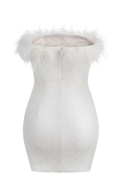 Sequin Strapless Feather Trim Bodycon Mini Party Dresses-Hayhty.All Rights Reserved.