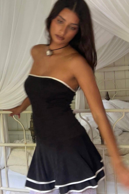 Strapless Colorblock Trim Layered Hem Elegant Mini Dresses-Black-Hayhty.All Rights Reserved.