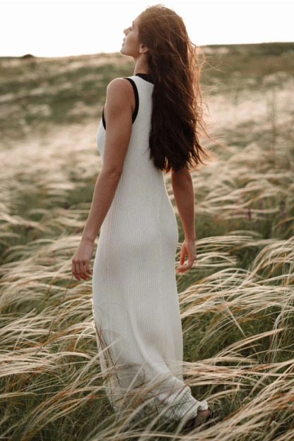 Colorblock Button-Up V Neck Sleeveless Knit Maxi Dresses-White-Hayhty.All Rights Reserved.