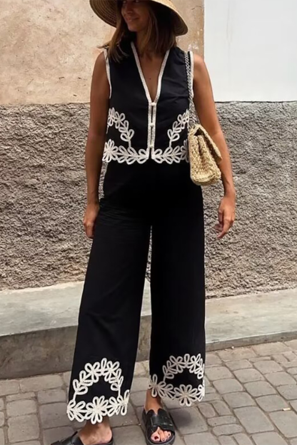Embroidery V Neck Vest Wide Leg Pants Matching Set-Black-Hayhty.All Rights Reserved.