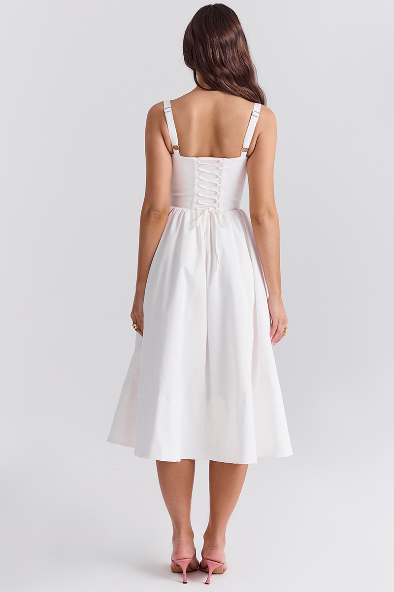 Spaghetti Strap Corset Lace Up Pocket Slit Midi Dresses-White-Hayhty.All Rights Reserved.