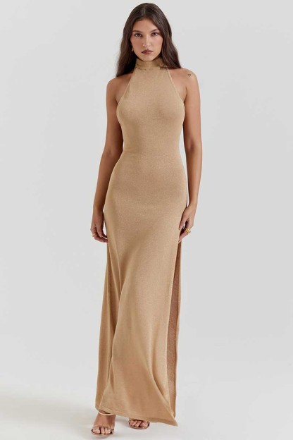 Stand Collar Backless High Slit Party Maxi Dresses-Khaki-Hayhty.All Rights Reserved.