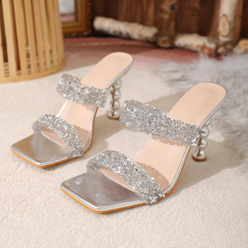 Rhinestone Embellished Square Toe Double Straps Slides Stacked Stiletto Heels-Hayhty.All Rights Reserved.