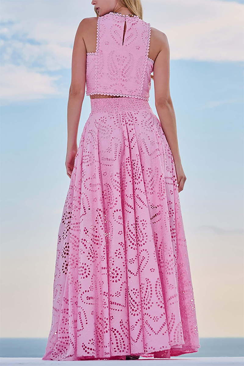 Hollow Out Pattern Sleeveless Crop Top High Waist Maxi Skirt Matching Set-Blue-Hayhty.All Rights Reserved.