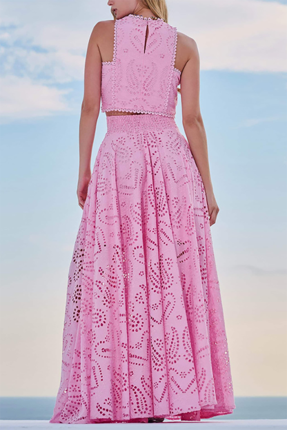 Hollow Out Pattern Sleeveless Crop Top High Waist Maxi Skirt Matching Set-Blue-Hayhty.All Rights Reserved.