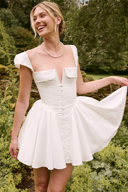 Irregular V Neck Short Sleeve Corset Pleated Mini Dresses-White-Hayhty.All Rights Reserved.