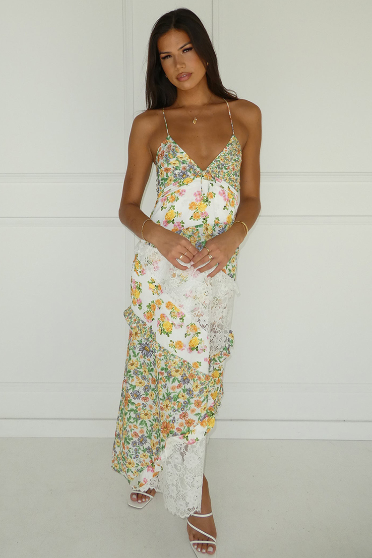 Ditsy Floral Print Deep V Neck Lace Patchwork Backless Slip Maxi Dresses-Green-Hayhty.All Rights Reserved.