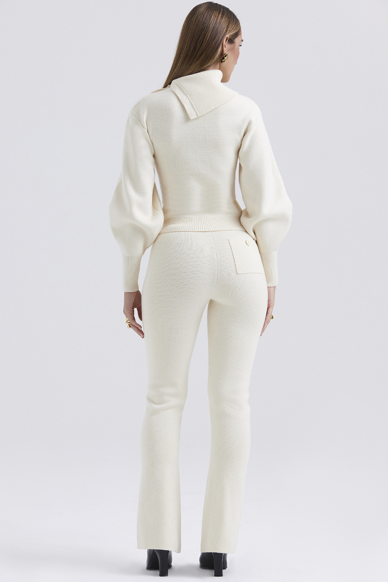 Irregular Folded Stand Collar Lantern Sleeve Sweater Plain Pants Matching Set-Beige-Hayhty.All Rights Reserved.