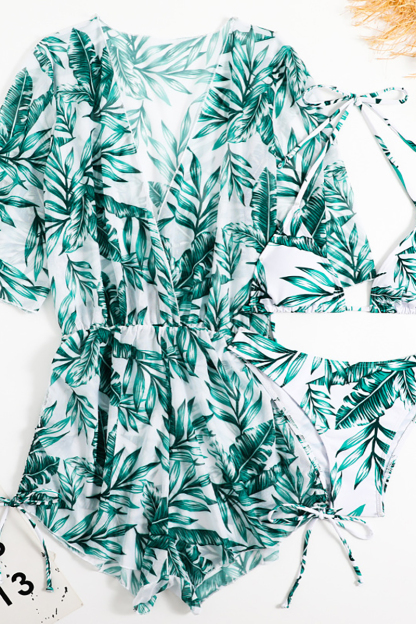 Tropical Print Romper Halter Bikini Three-Piece Swimsuit Matching Set-Hayhty.All Rights Reserved.