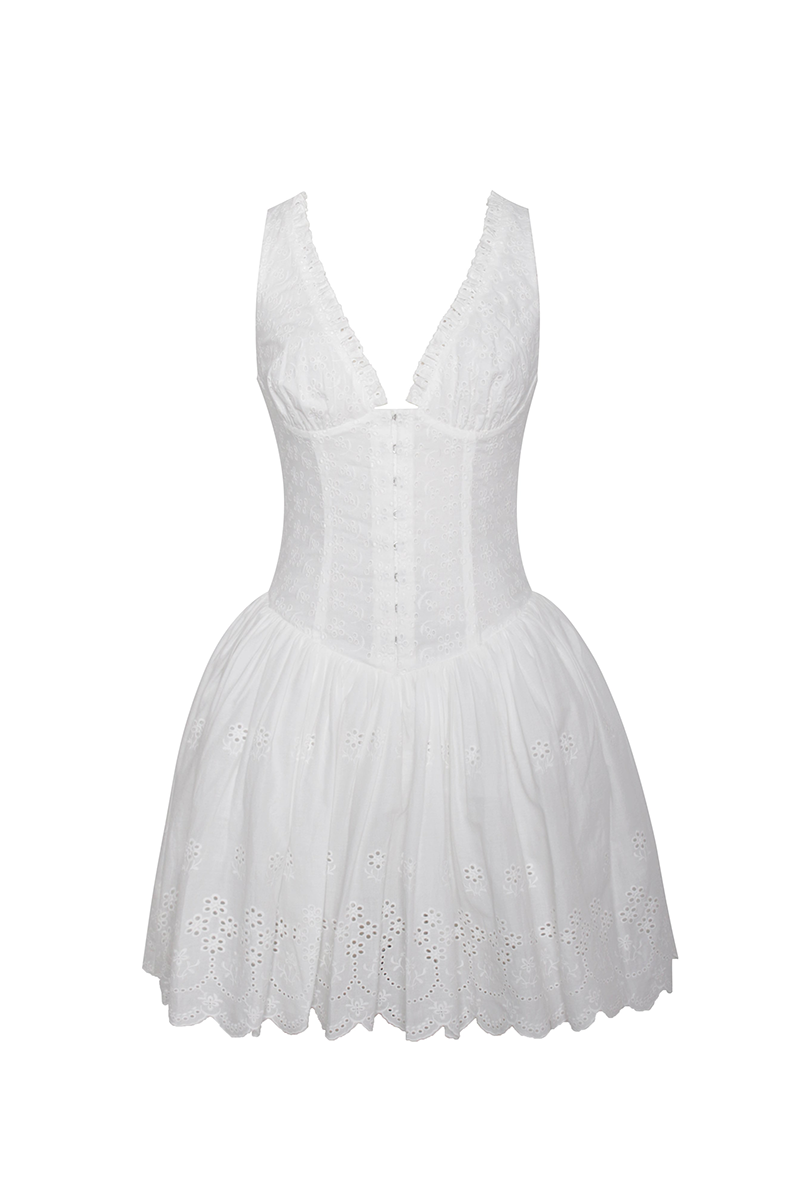 V Neck Cinch Waist Hollow Out Pattern Mini Tank Dresses-White-Hayhty.All Rights Reserved.