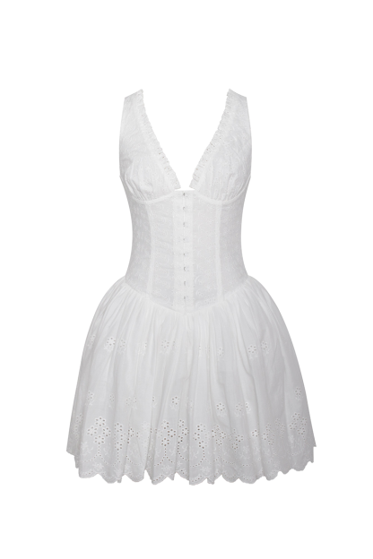 V Neck Cinch Waist Hollow Out Pattern Mini Tank Dresses-White-Hayhty.All Rights Reserved.