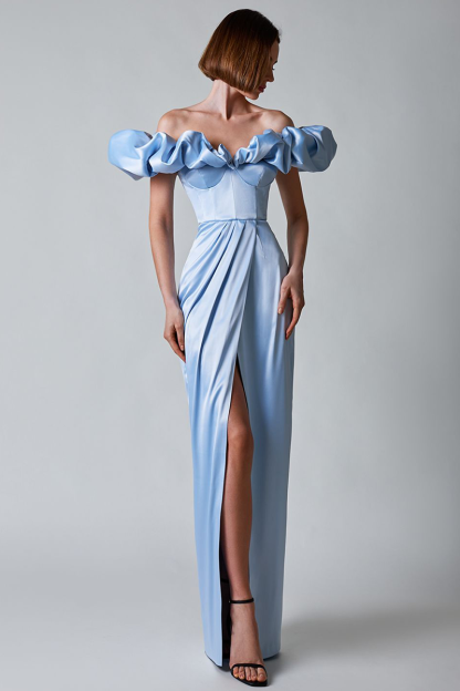 Puffy Ruffled Trim Off Shoulder Corset Slit Formal Party Maxi Dresses-White-Hayhty.All Rights Reserved.