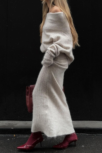 Off Shoulder Long Sleeve Oversized Sweater Knit Midi Skirt Matching Set-Beige-Hayhty.All Rights Reserved.