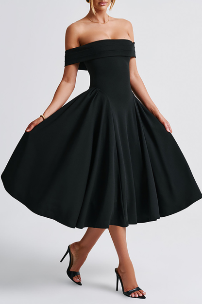 Boat Neck Draped Shoulder Cinch Waist Plain Gowns Midi Dresses-Black-Hayhty.All Rights Reserved.