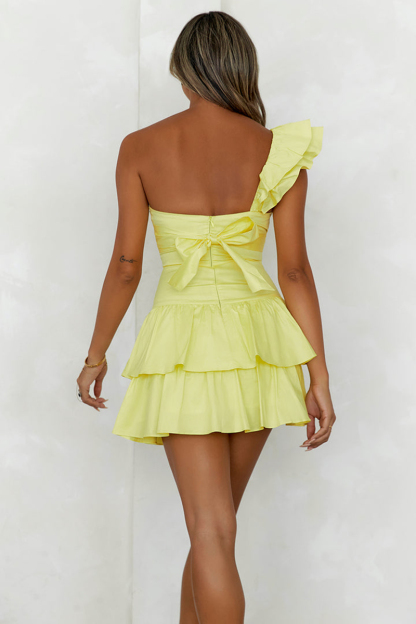 One Shoulder Straps Cutout A-Line Layered Flounced Mini Dresses-Yellow-Hayhty.All Rights Reserved.