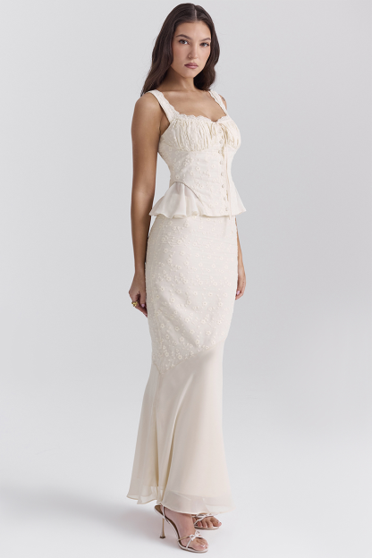 Floral Embroidery Ruffled Top Bodycon Maxi Skirt Matching Set-Ivory-Hayhty.All Rights Reserved.