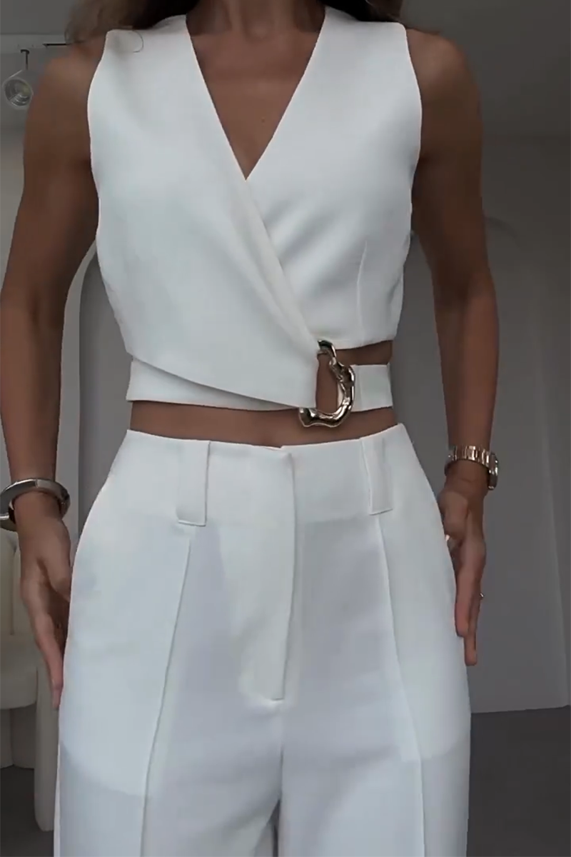 V Neck Metal Decor Crop Vest Wide Leg Pants Matching Set-White-Hayhty.All Rights Reserved.
