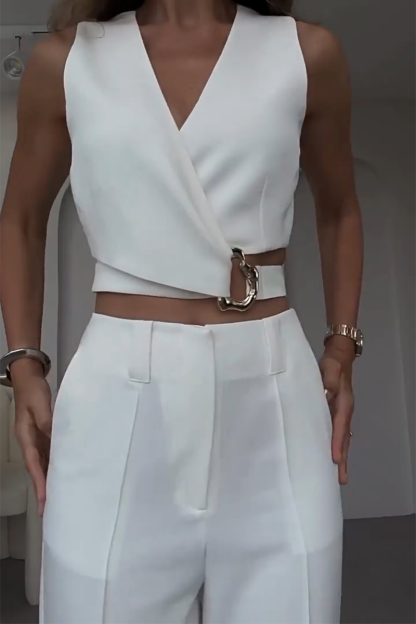V Neck Metal Decor Crop Vest Wide Leg Pants Matching Set-White-Hayhty.All Rights Reserved.
