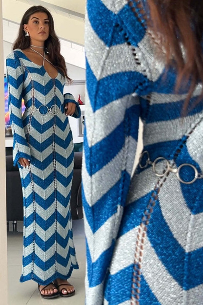 Colorblock Wavy Crochet Long Sleeve Vacation Cover-Up Maxi Dresses-Black-Hayhty.All Rights Reserved.