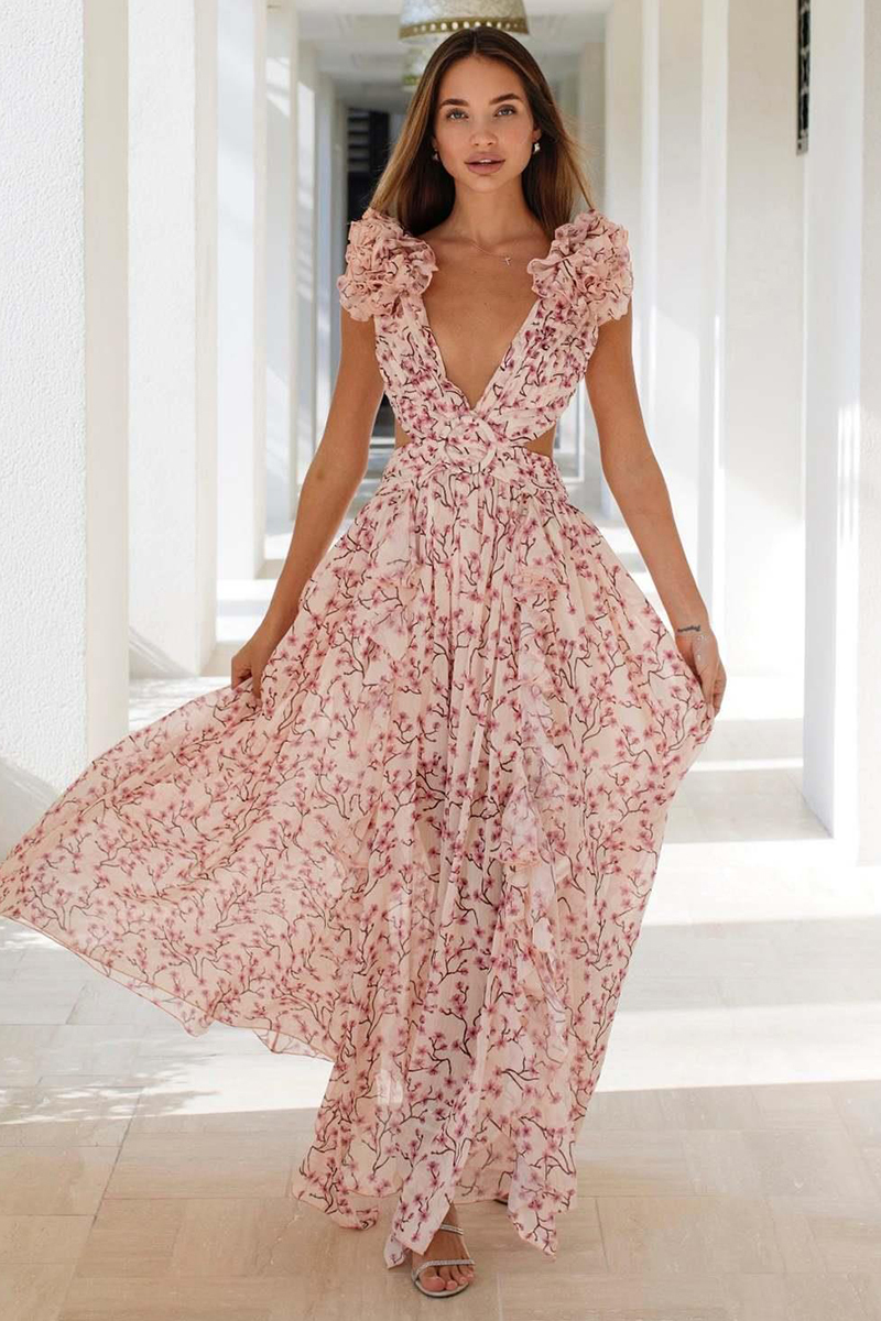 Deep V Neck Slim Ruffled Shoulder Backless Tied Up Cutout Floral Print Vacation Maxi Dresses-Hayhty.All Rights Reserved.