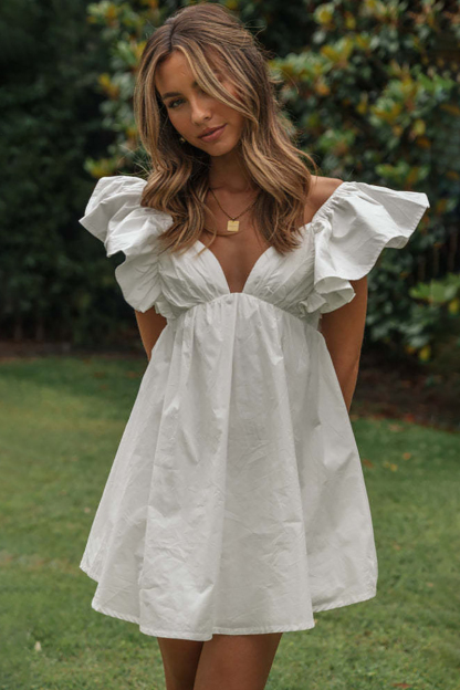 Deep V Neck Ruffle Short Sleeve Bow Cut Out A-Line Mini Dress-Hayhty.All Rights Reserved.