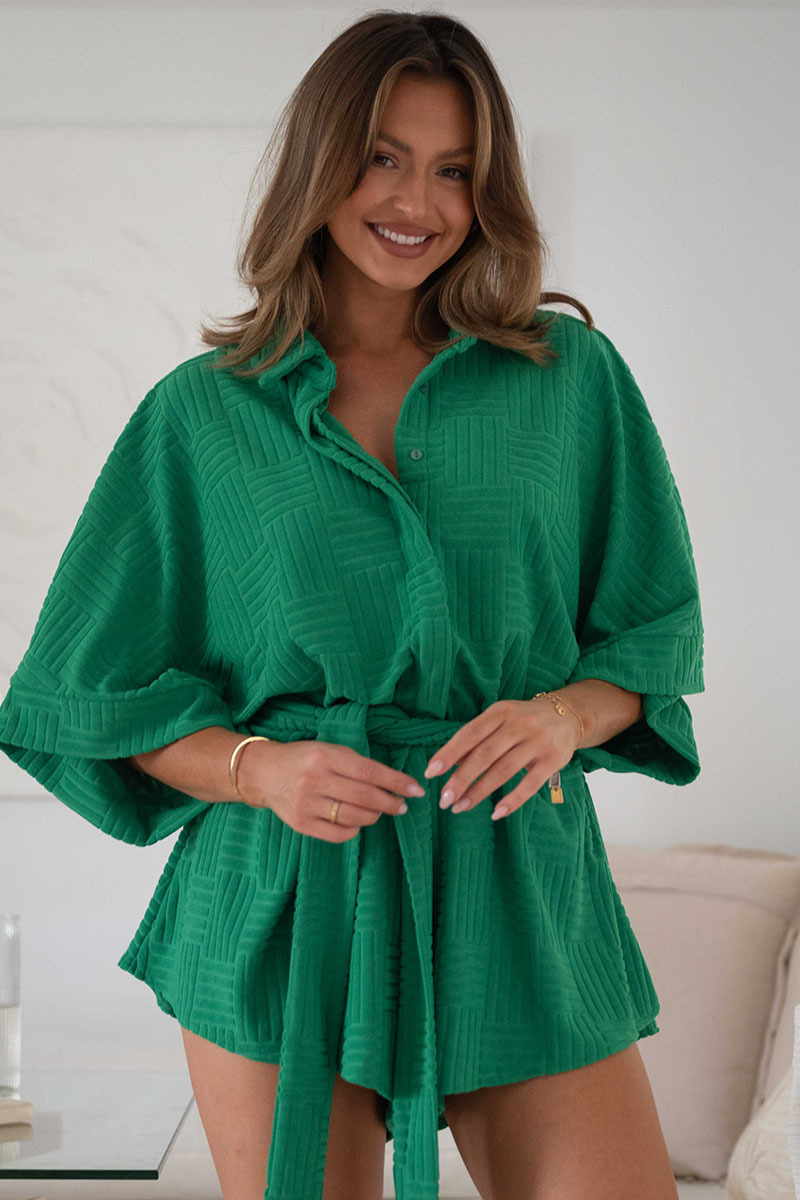 Sleeve Tied Button Down Oversized Waist Rompers-Hayhty.All Rights Reserved.