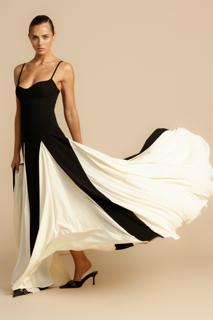 Colorblock Patchwork A-Line Flowy Slip Maxi Dresses-Black-Hayhty.All Rights Reserved.