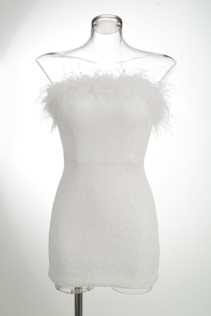Sequin Strapless Feather Trim Bodycon Mini Party Dresses-Hayhty.All Rights Reserved.