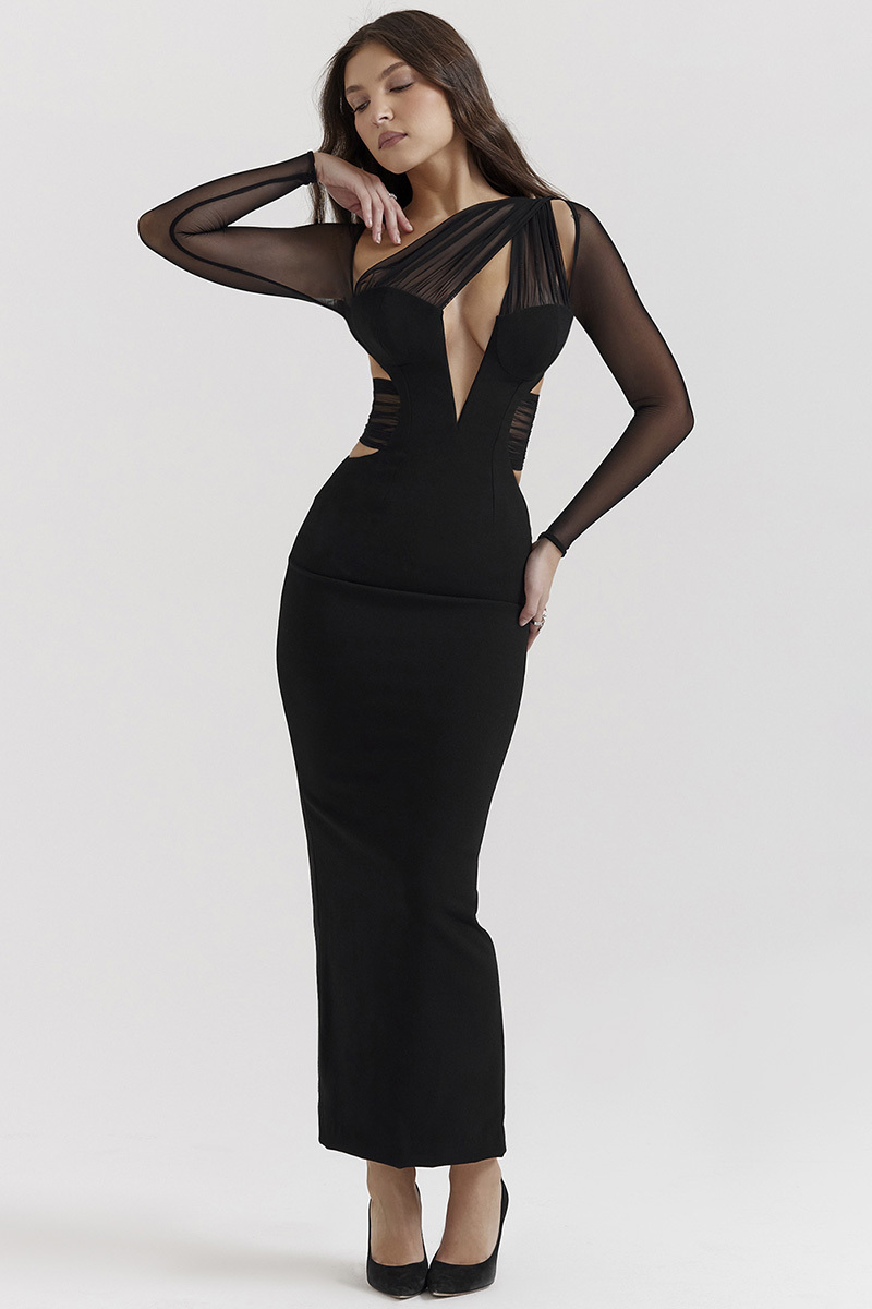 Irregular Cutout Long Sleeve Slim Fit Mesh Maxi Dresses-Black-Hayhty.All Rights Reserved.