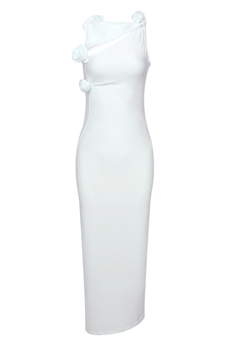 3D Flower Decor Asymmetric Neck Sleeveless Satin Formal Party High Slit Maxi Dresses-Hayhty.All Rights Reserved.