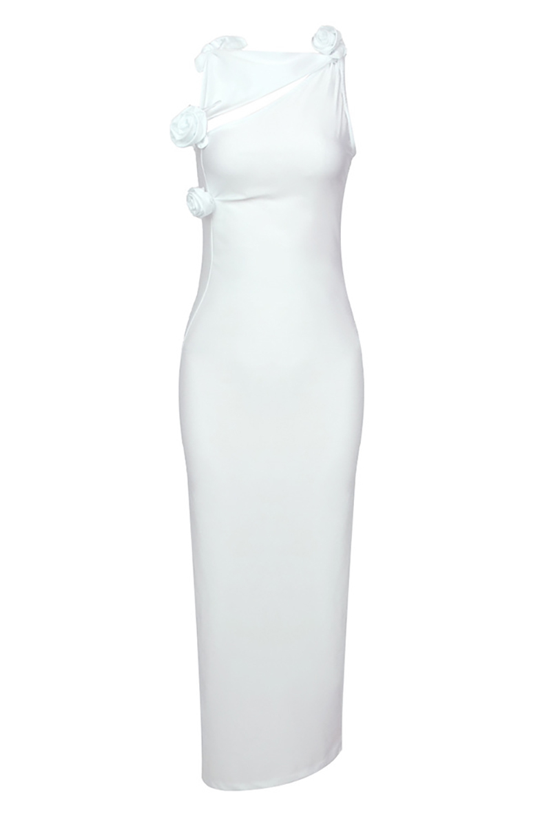 3D Flower Decor Asymmetric Neck Sleeveless Satin Formal Party High Slit Maxi Dresses-Hayhty.All Rights Reserved.